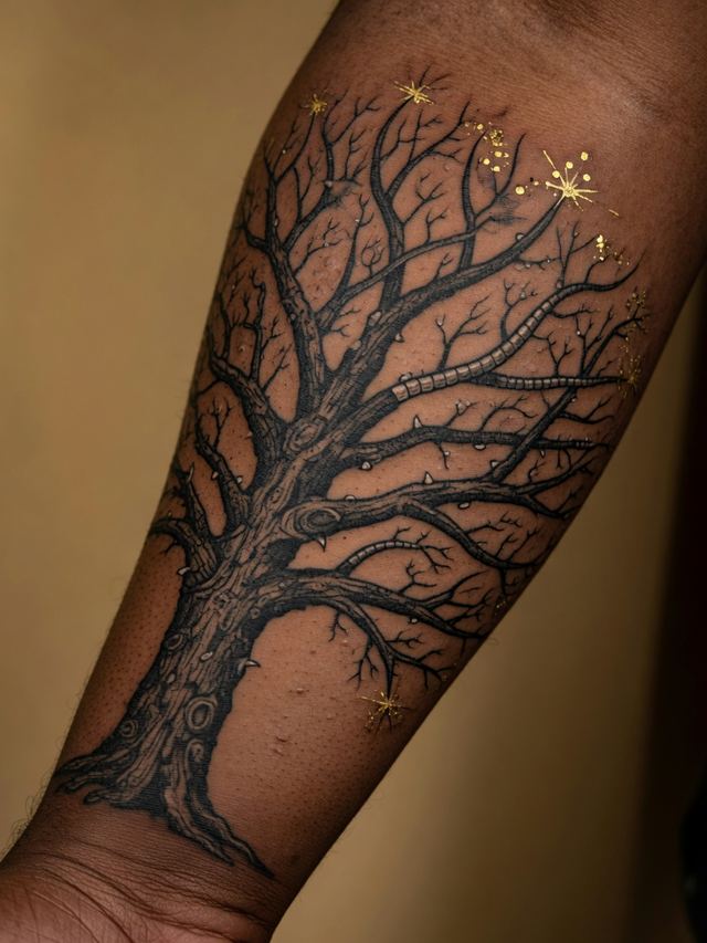 On-skin mockup of a large black tree tattoo whose branches are dendrites with gold sparks, on deep brown skin.