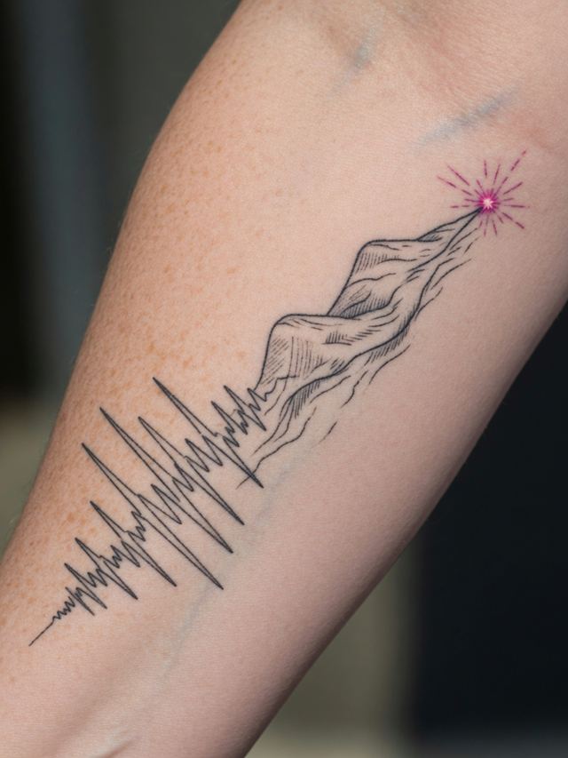 On-skin mockup of a fine-line tattoo: a brainwave that becomes a mountain peak ending in a magenta spark, on an adult forearm.