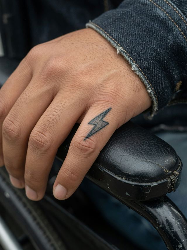 On-skin mockup of a tiny black lightning-bolt tattoo on an adult finger resting on a wheelchair armrest.