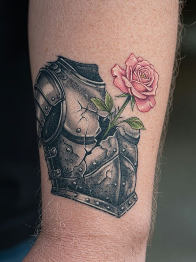 On-skin mockup of cracked armour with a pink rose growing through it, tattooed on an older adult outer forearm.