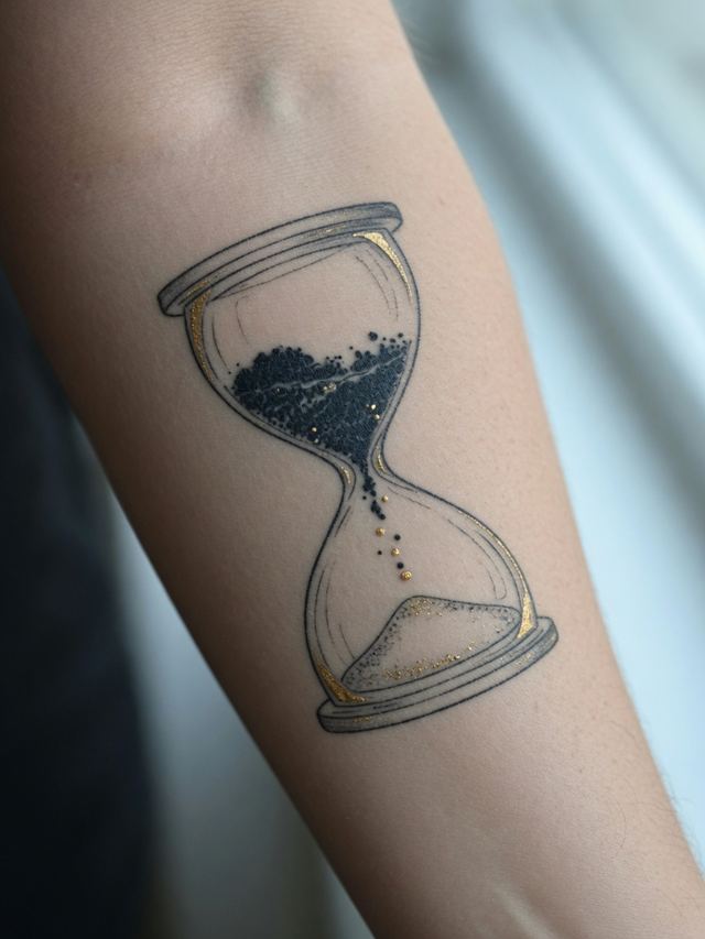 On-skin mockup of a fine-line hourglass tattoo with stuck black sand and gold specks on an adult inner forearm.