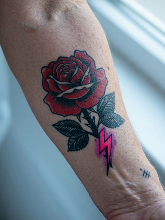 On-skin mockup of a traditional red rose tattoo with a magenta lightning bolt on an older adult inner forearm.