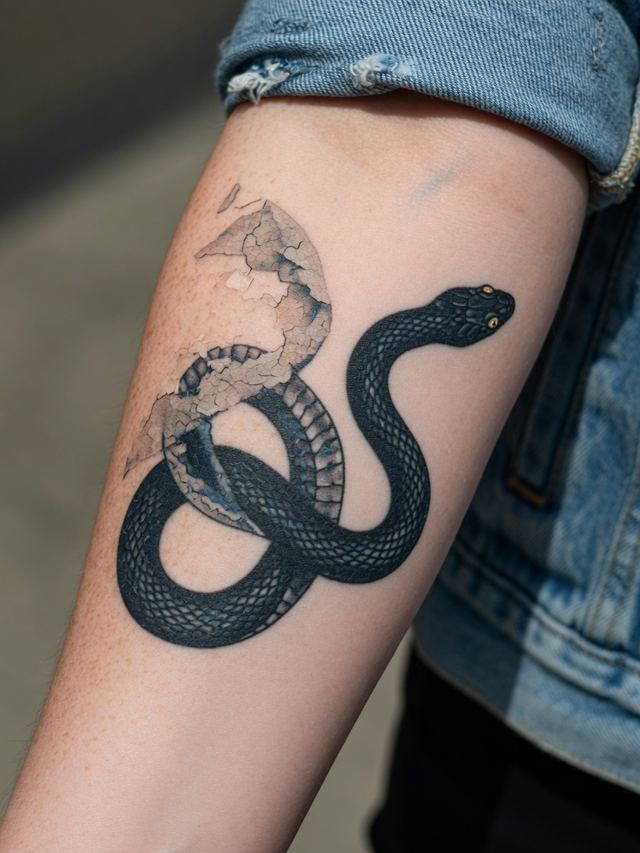 On-skin mockup of a black snake tattoo shedding pale cracked skin, on a young adult forearm in a denim jacket.