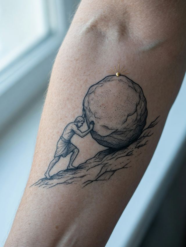 On-skin mockup of a fine-line Sisyphus tattoo pushing a boulder, gold spark at the summit, on an older adult inner forearm.