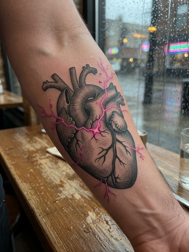 On-skin mockup of an anatomical heart tattoo with magenta lightning across it, on an adult forearm in a rainy cafe.