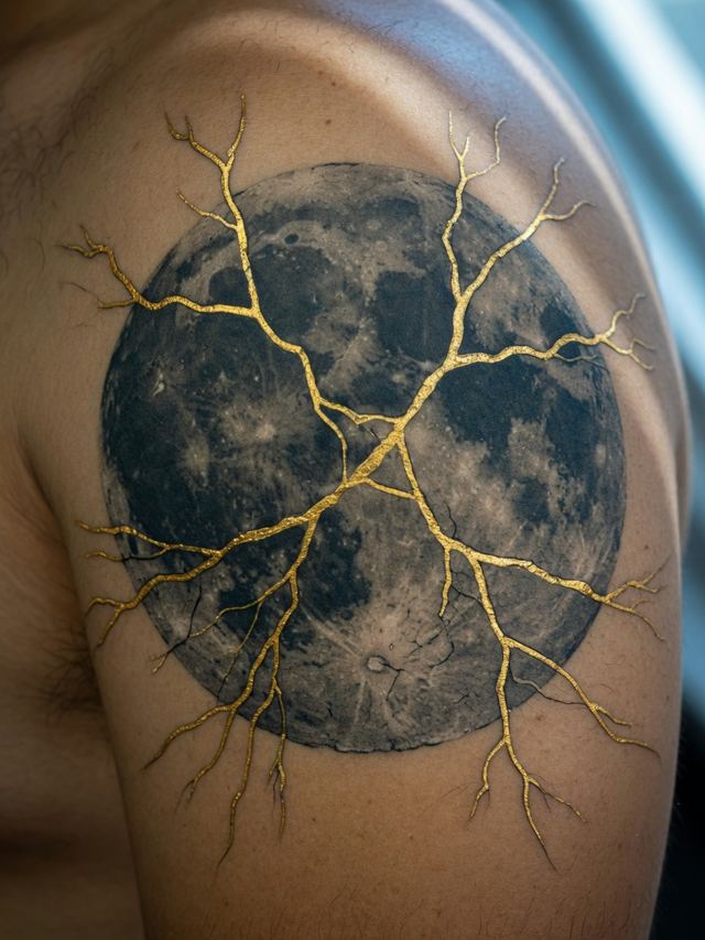 On-skin mockup of a large full-moon tattoo repaired with gold kintsugi lines that look like nerves, on an adult shoulder.