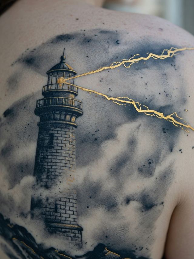 On-skin mockup of a large black, grey and gold lighthouse tattoo with a gold beam cutting fog on an adult upper back.