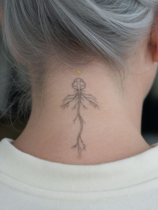 On-skin mockup of a fine-line brain and spinal-cord tattoo at the nape of an adult with silver hair.