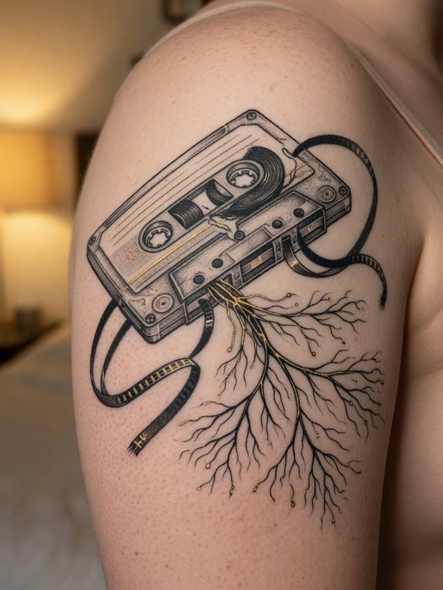 On-skin mockup of a cassette-tape tattoo unspooling into gold-tipped nerve filaments on a young adult shoulder.