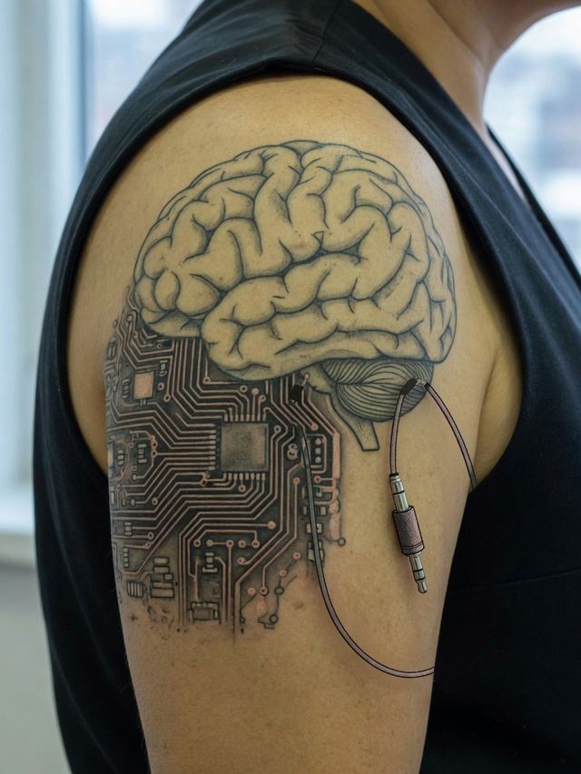 On-skin mockup of a large shoulder tattoo: anatomical brain becoming a circuit board with an unplugged audio jack.