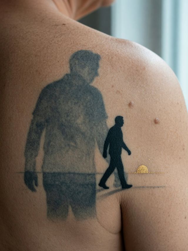 On-skin mockup of a faded grey figure and a solid smaller person walking toward a gold sunrise, on an older adult's shoulder.