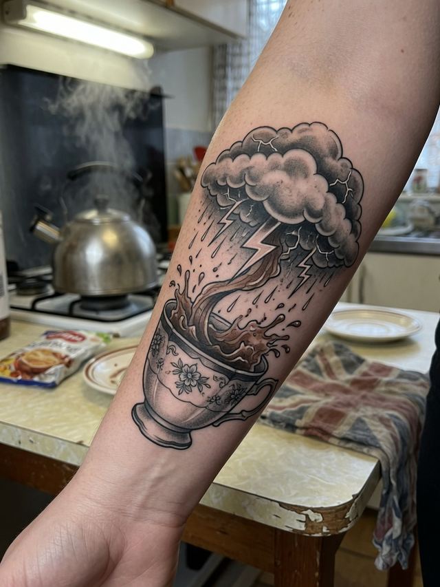 On-skin mockup of a neo-traditional teacup tattoo with tea spilling into a thundercloud and lightning, on an adult forearm in a kitchen.