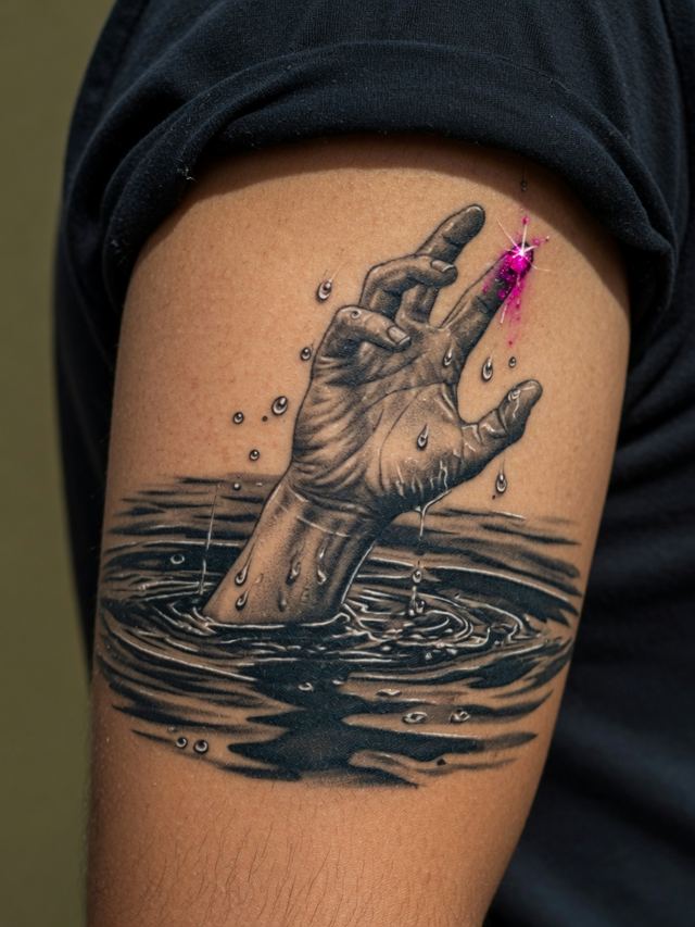 On-skin mockup of a realistic hand-breaking-water tattoo with a magenta spark, on a young adult upper arm.