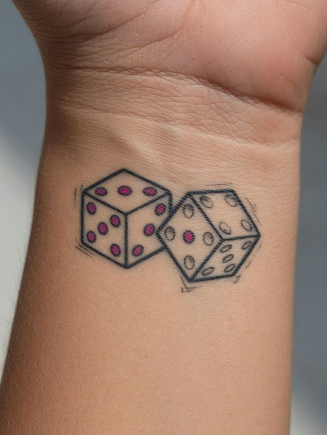 On-skin mockup of two small dice tattoos with magenta pips on an adult inner wrist.