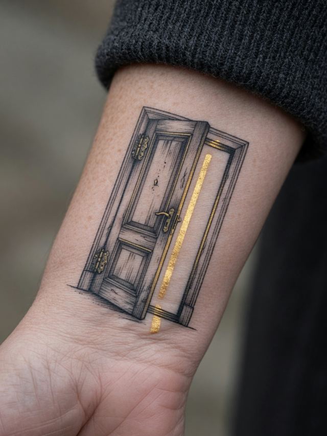 On-skin mockup of a fine-line door tattoo slightly open with a gold bar of light, on an older adult inner wrist.