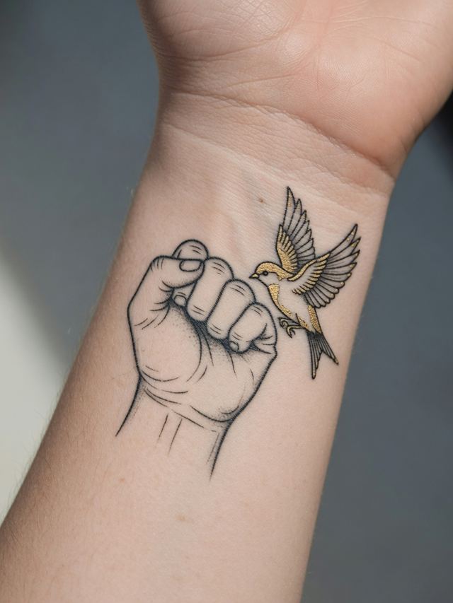 On-skin mockup of a fist tattoo and a small gold-and-black bird leaving it, on a young adult inner wrist.