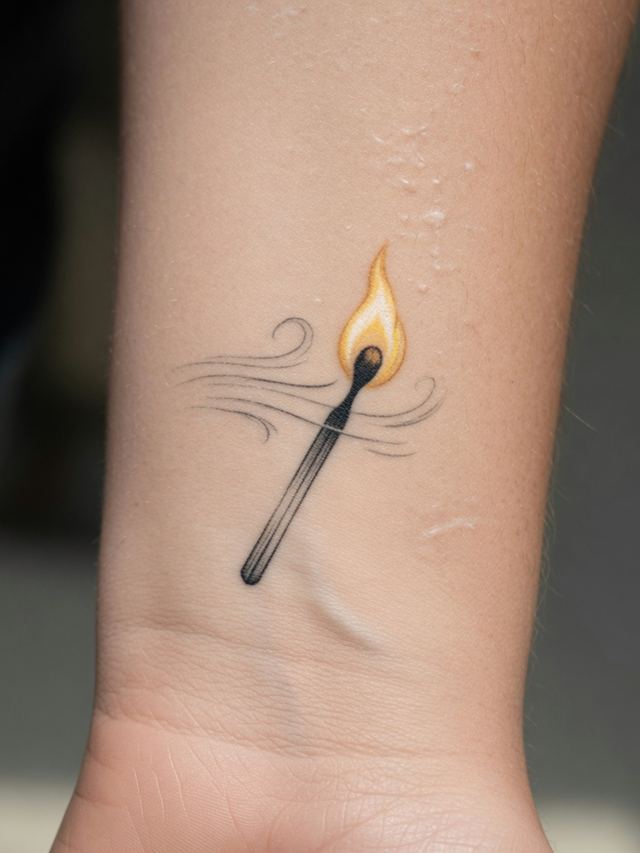 On-skin mockup of a small matchstick tattoo with a gold flame and wind lines on a young adult inner wrist.