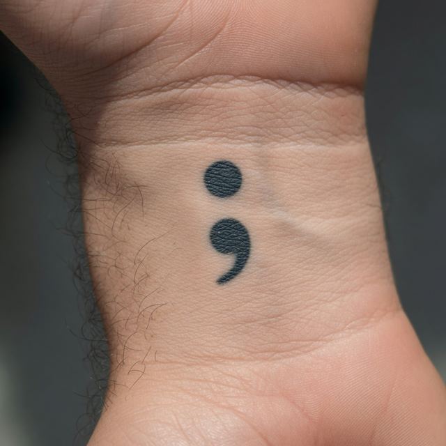 On-skin mockup of a small black semicolon tattoo on an adult inner wrist.