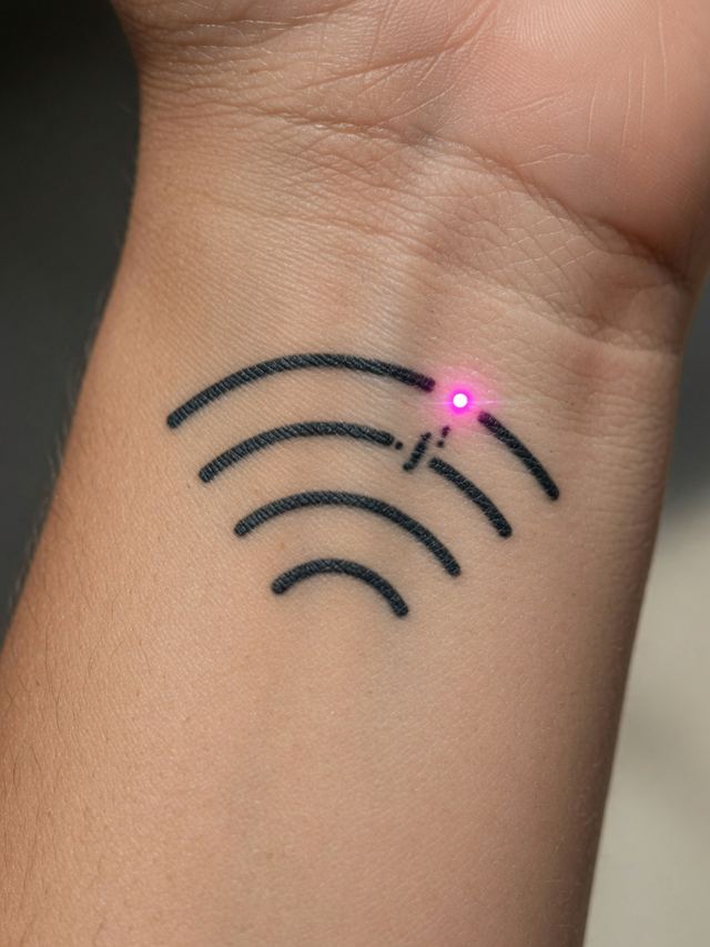 On-skin mockup of a small black wifi-signal tattoo with a magenta spark on a broken arc, on an adult inner wrist.