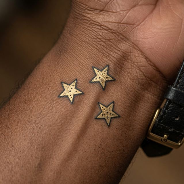 On-skin mockup of three small gold star tattoos on an older adult's inner wrist beside a watch strap.