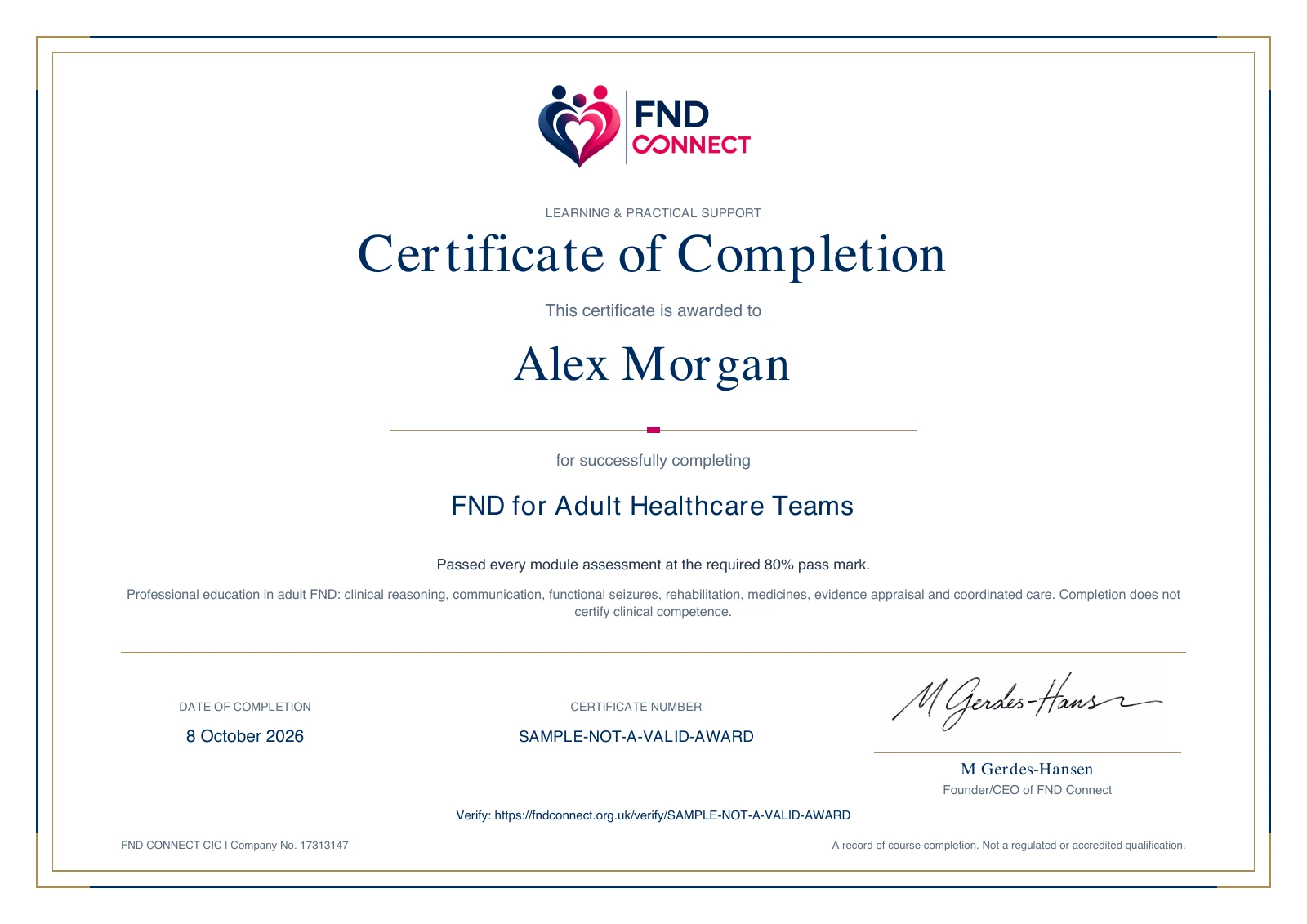 Sample FND Connect FND for Adult Healthcare Teams Certificate of Completion, with learner name, date, signature and verification details