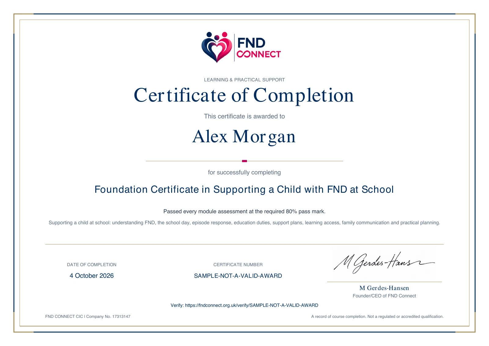Sample FND Connect school course Certificate of Completion, with learner name, date, signature and verification details