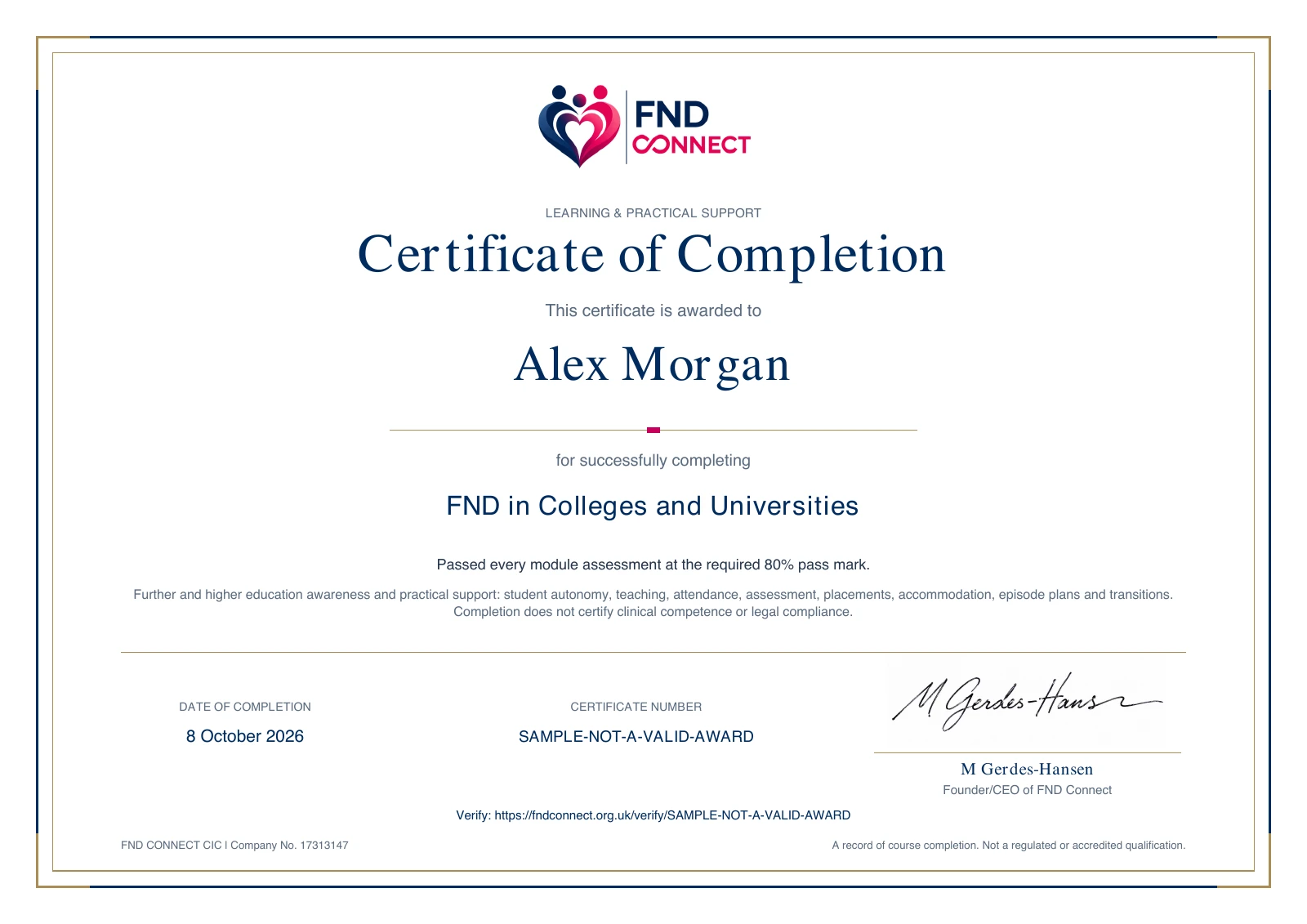 Sample FND Connect FND in Colleges and Universities Certificate of Completion, with learner name, date, signature and verification details