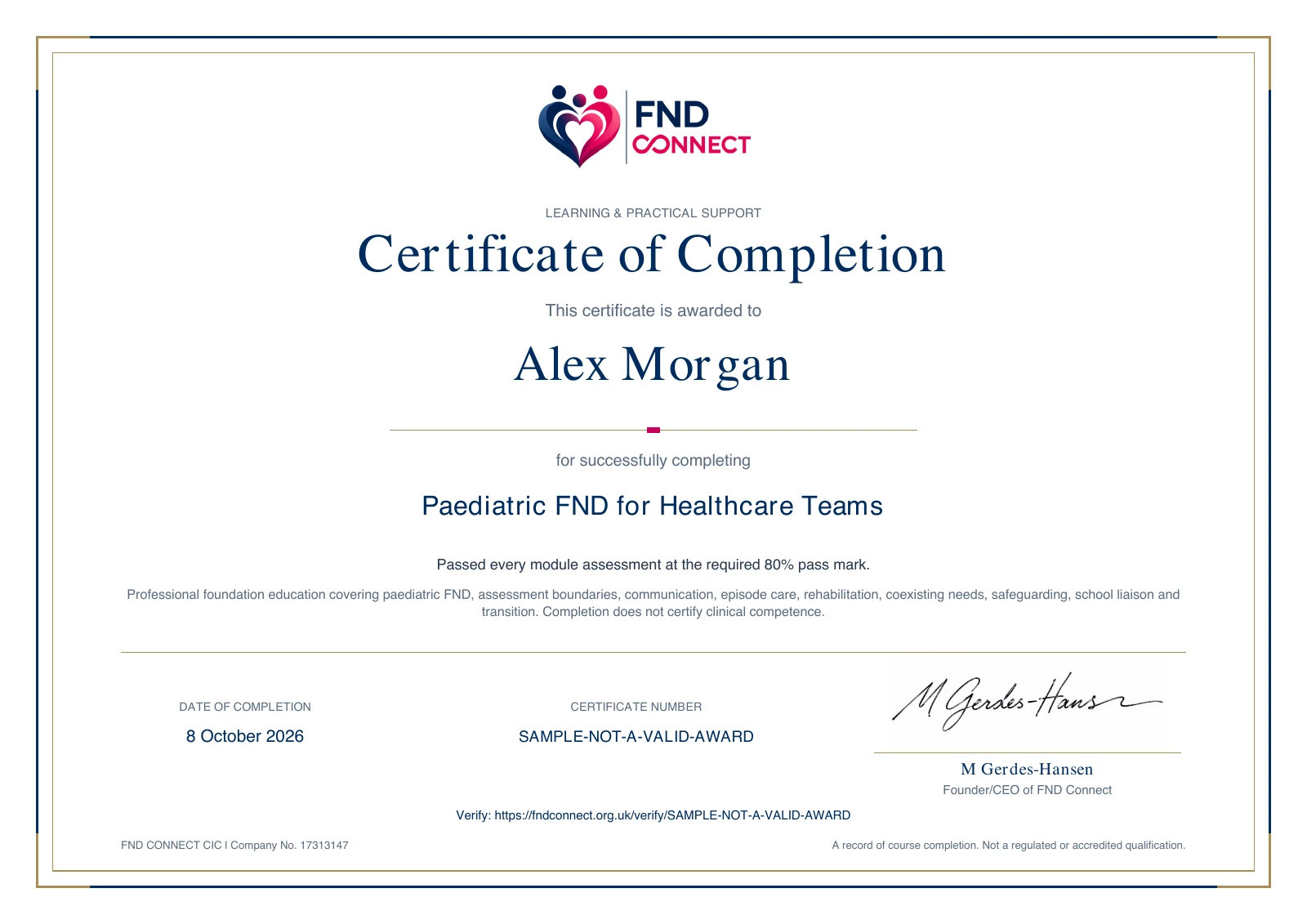 Sample FND Connect Paediatric FND for Healthcare Teams Certificate of Completion, with learner name, date, signature and verification details