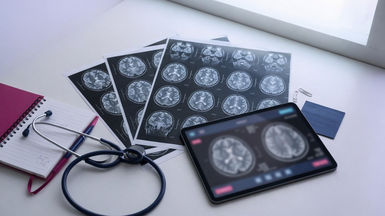 Brain MRI scan printouts and a tablet on a clinic desk with a stethoscope and notebook.