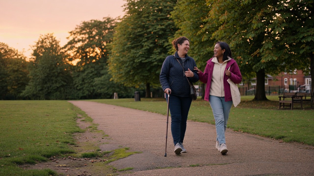 Two friends walking together on a park path at sunset, one using a walking stick.