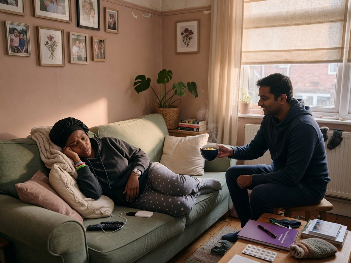 A woman resting on a sofa during a difficult day while a partner sits nearby offering a cup of tea.
