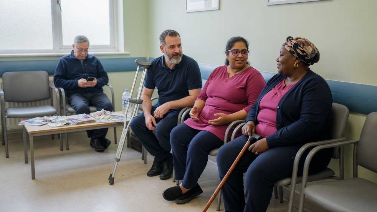 People waiting and talking in a calm clinic waiting room, including someone with a walking stick.